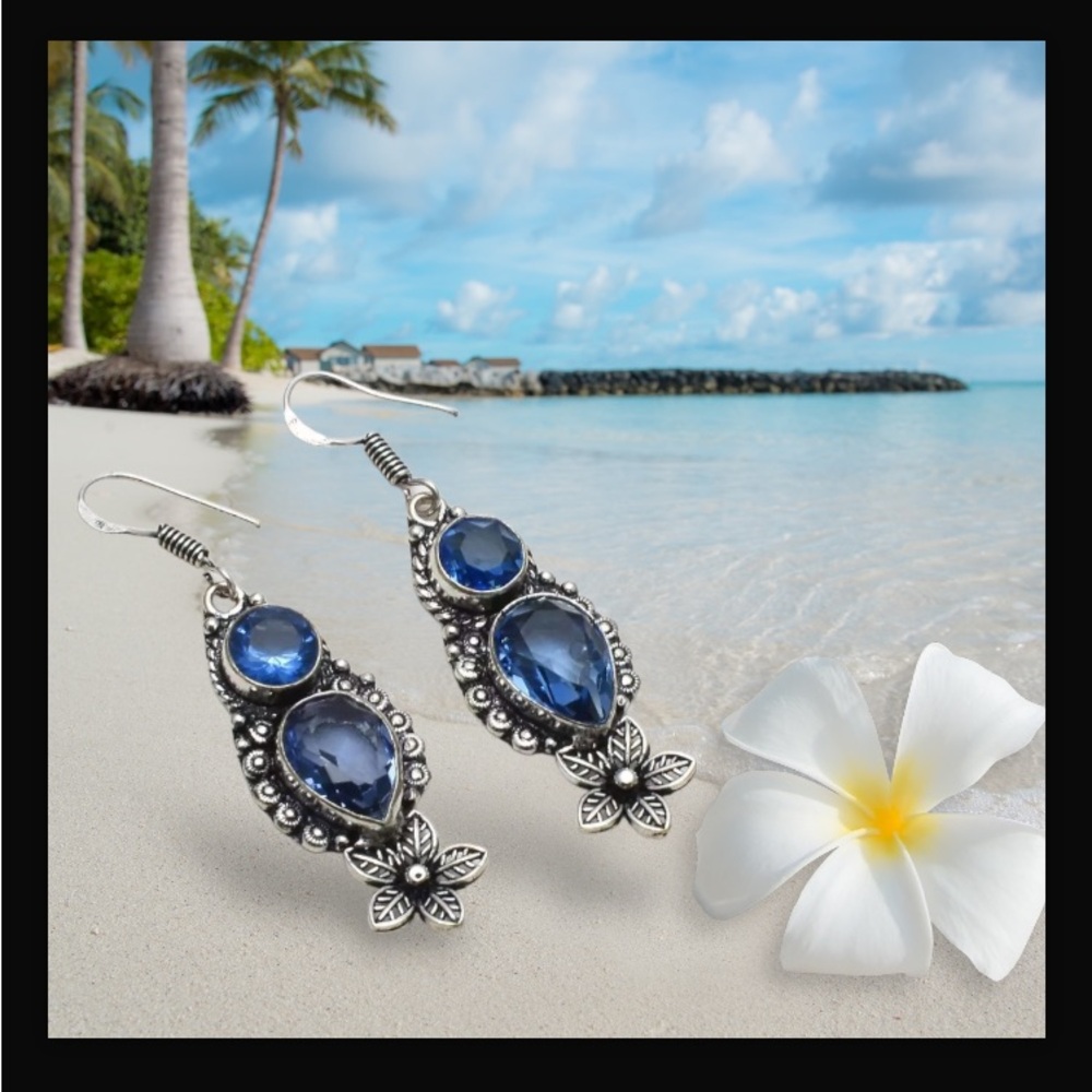 Blue Topaz Handcrafted Long Drop Dangle Earrings 2.08" Made In India New W Tags - Picture 8 of 12